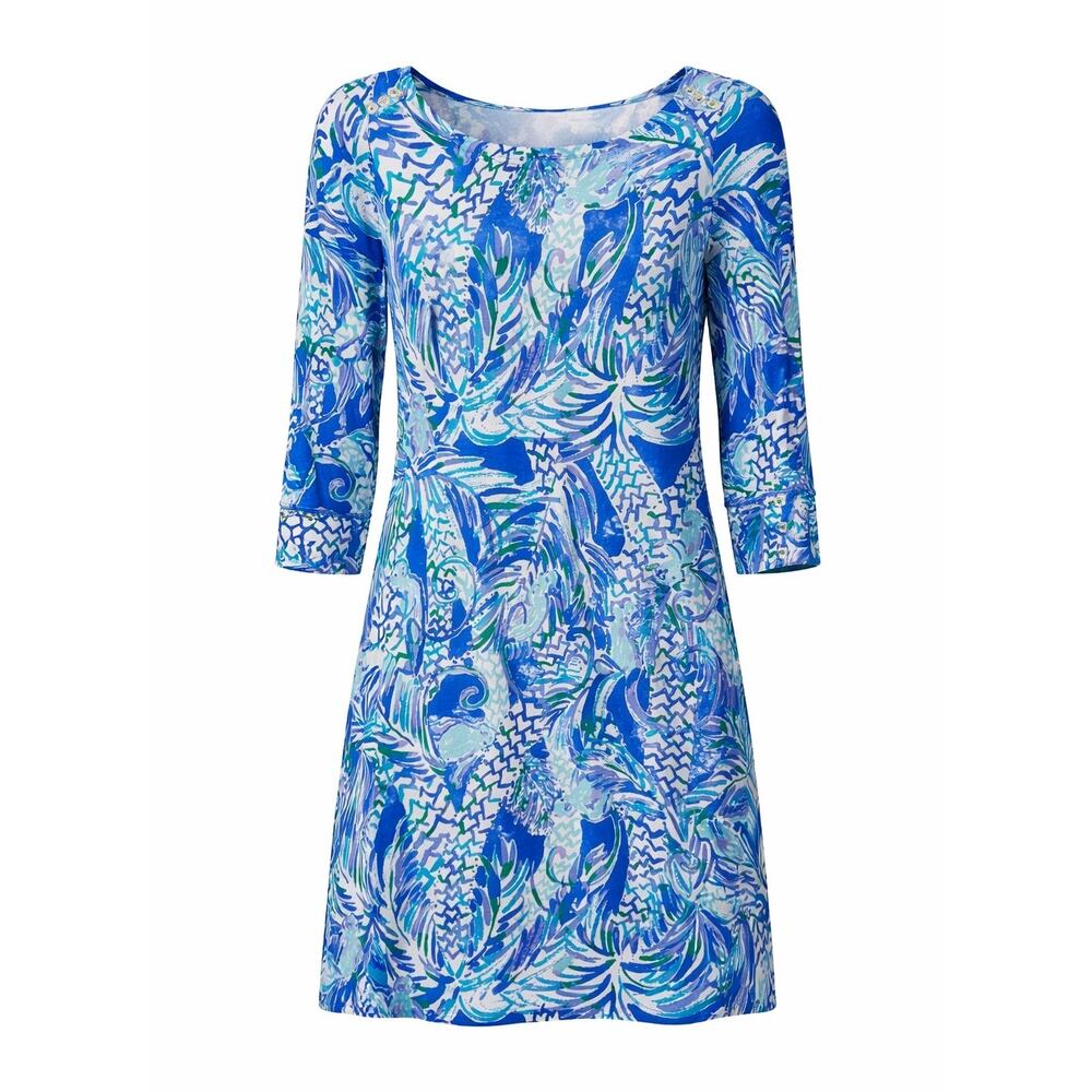 Lilly Pulitzer Blue Green Print Shift Dress 3/4 Sleeve - Small
